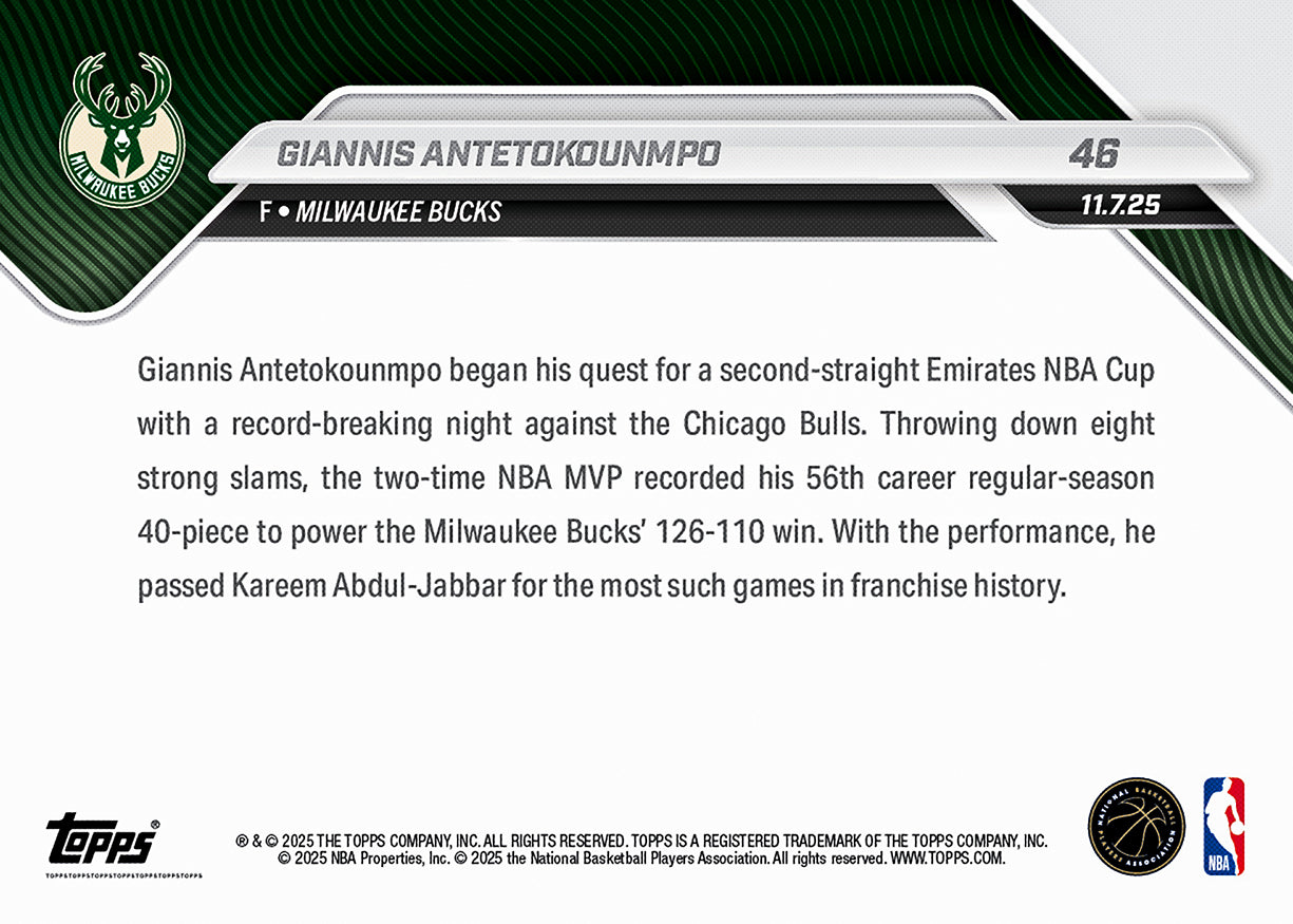 Giannis Antetokounmpo - 2025-26 NBA Topps NOW® - Card 46