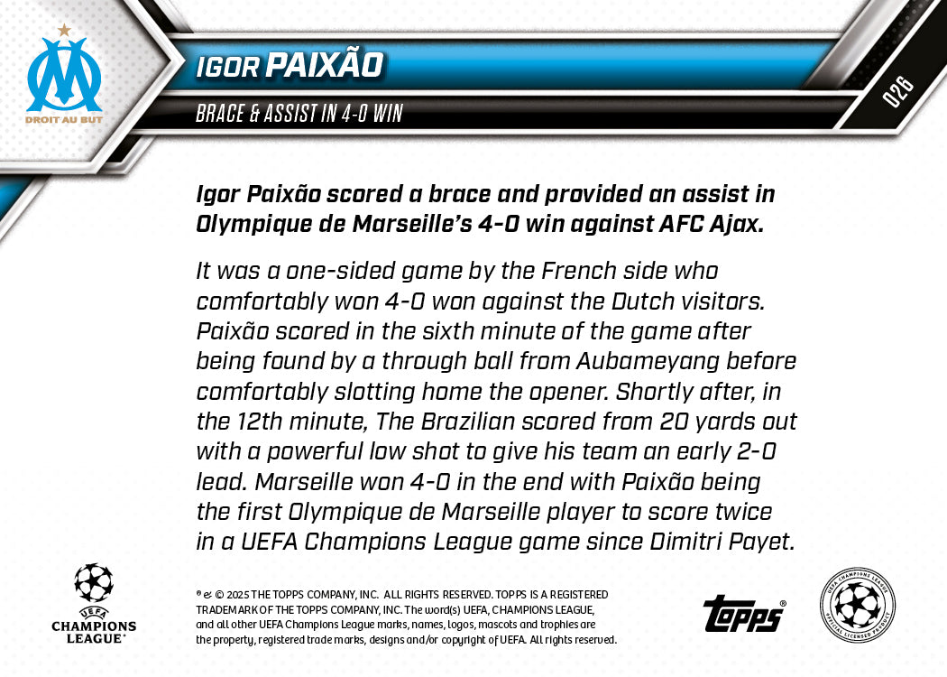 Igor Paixão - 2025-26 UCL Topps NOW® - Card 26 - PR: 133