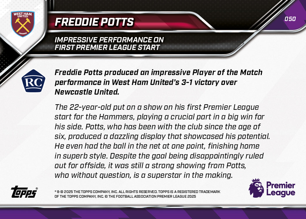 Freddie Potts - 2025-26 Premier League Topps NOW® - Card 50