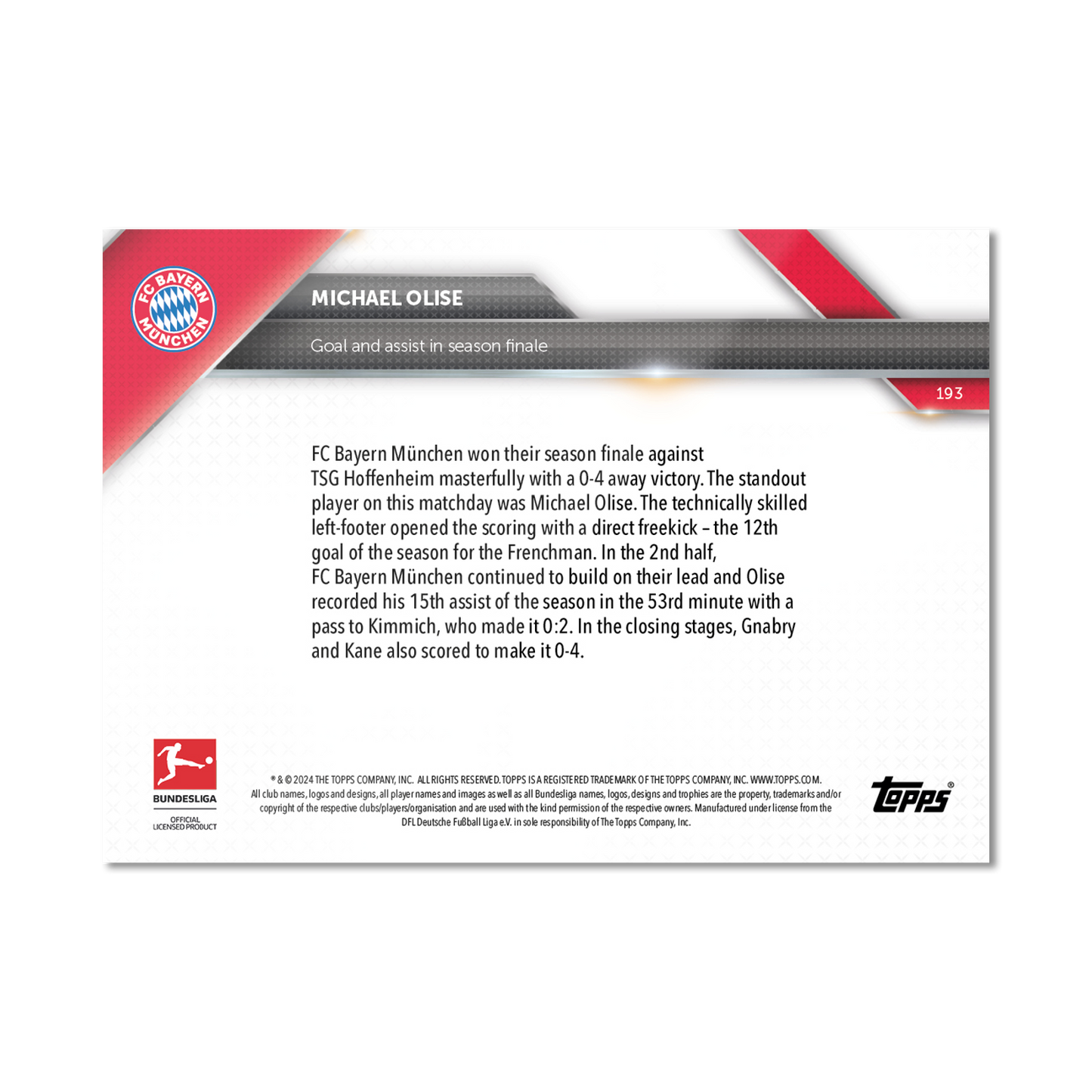 Michael Olise - 2024-25 Bundesliga Topps NOW® - Card 193 - PR: 295