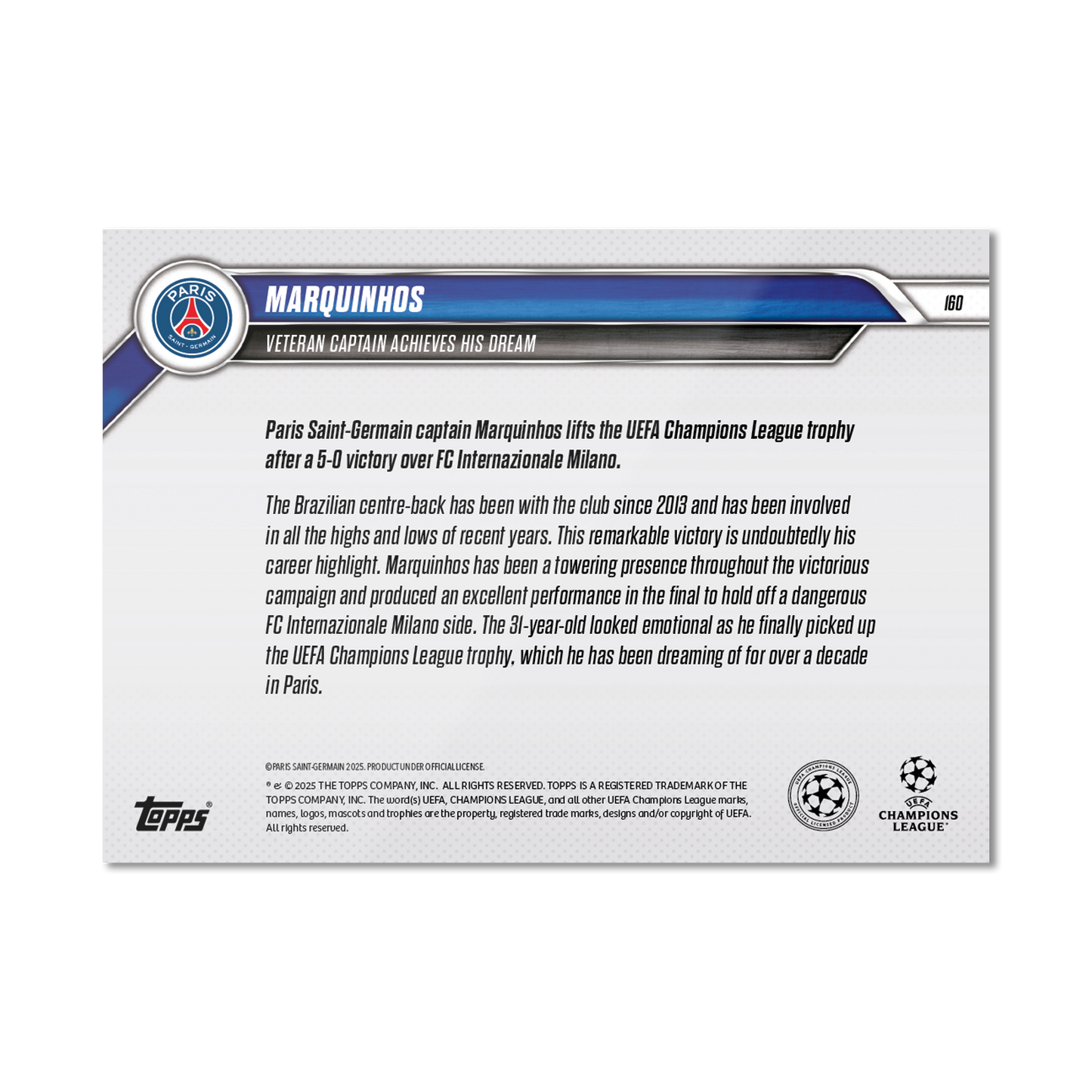 Marquinhos - 2024-25 UCL Topps NOW® - Card 160 - LOOK FOR AUTO - PR: 1299