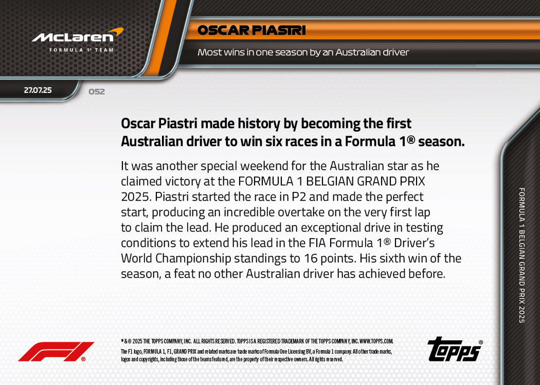 Oscar Piastri - 2025 Formula 1® Topps NOW® - Card 52 - PR: 2404