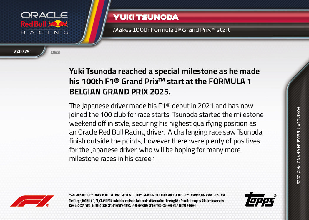 Yuki Tsunoda - 2025 Formula 1® Topps NOW® - Card 53 - PR: 1312