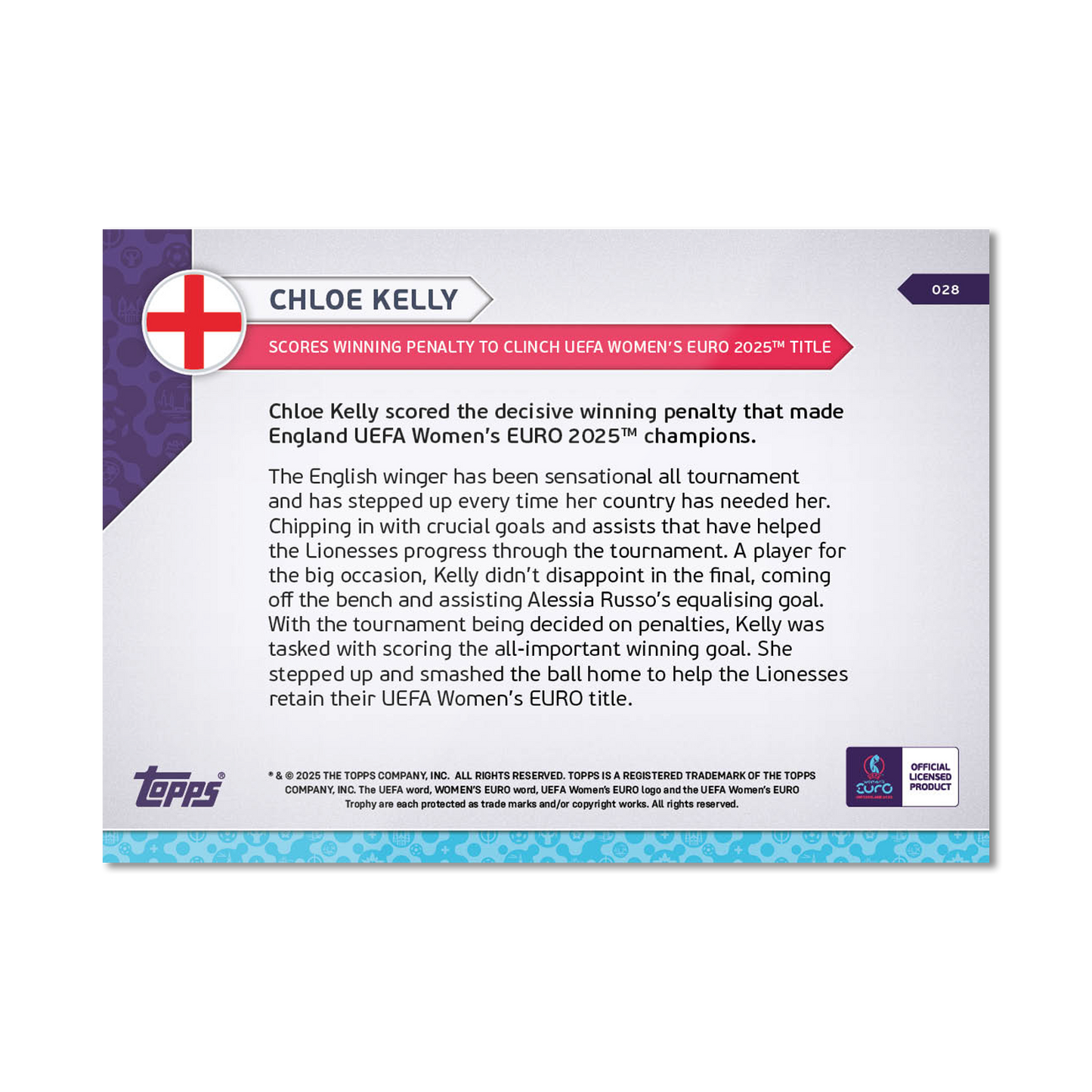 Chloe Kelly - UEFA Women’s EURO 2025™ Topps NOW® - Card 28 - LOOK FOR AUTO-RELICS - PR: 1484