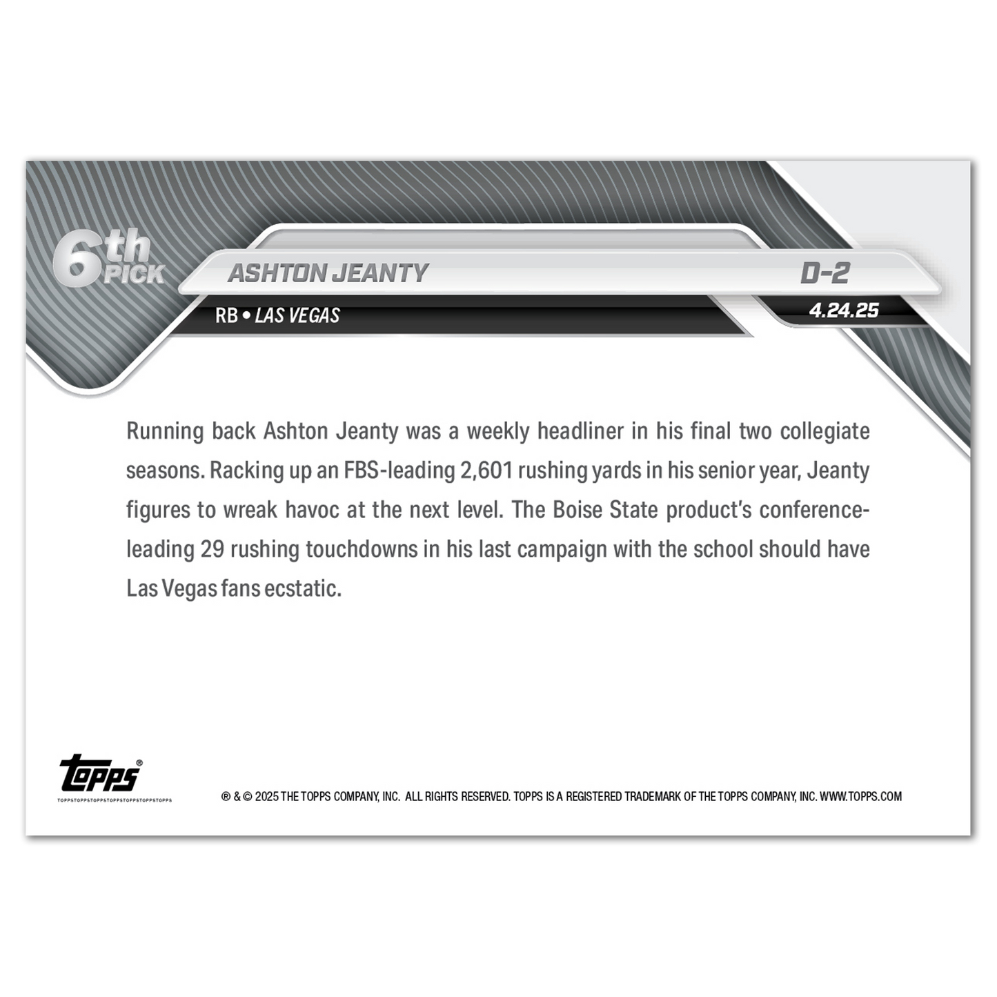 Ashton Jeanty - 2025 Topps NOW® Football - Card D-2 - LOOK FOR AUTOS - PR: 11,798