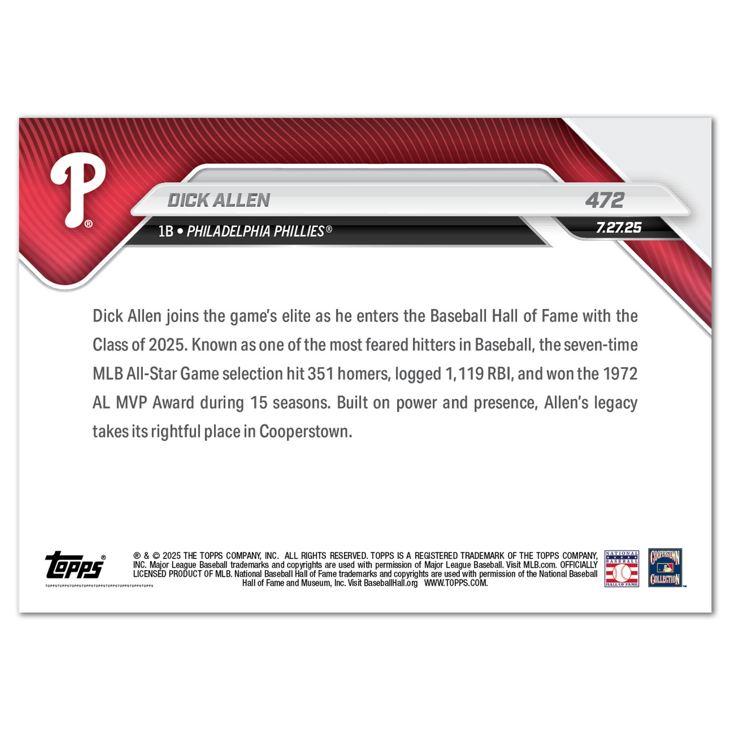 Dick Allen - 2025 MLB Topps NOW® - Card 472 - PR: 1406