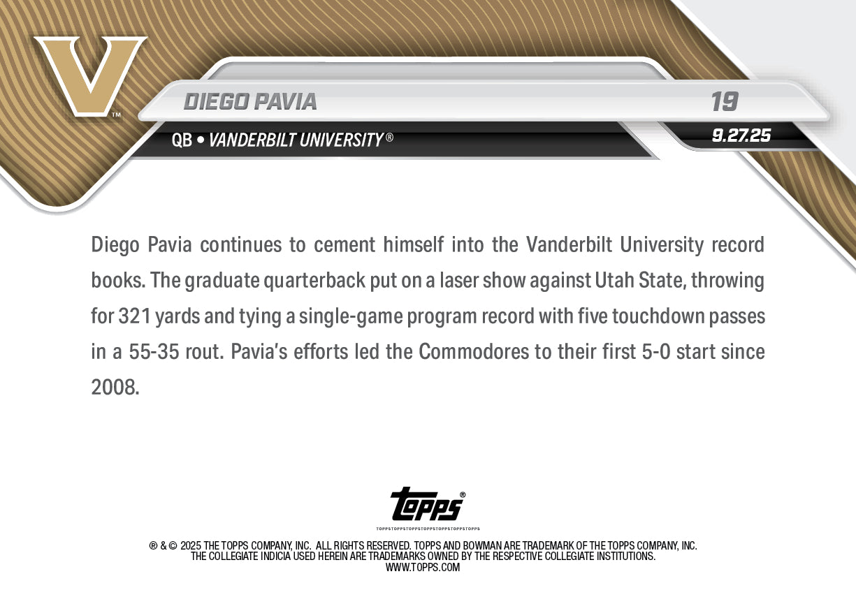 Diego Pavia - 2025-26 Bowman U NOW® Football - Card 19 - PR: 504