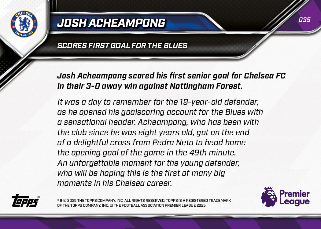 Josh Acheampong - 2025-26 Premier League Topps NOW® - Card 35 - PR: 482