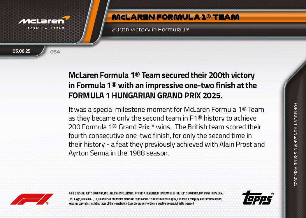 McLaren Formula 1® Team - 2025 Formula 1® Topps NOW® - Card 54 - PR: 3428