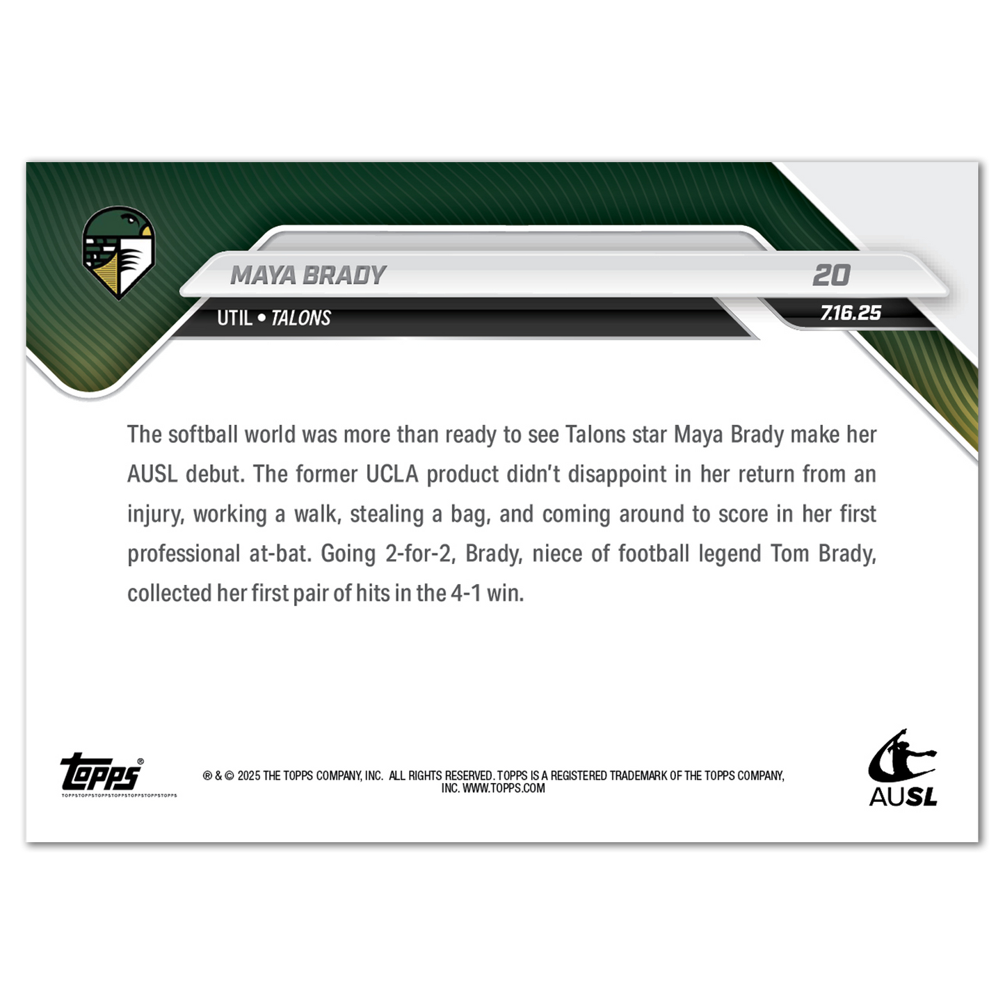 Maya Brady - 2025 AUSL Topps NOW® - Card 20 - LOOK FOR AUTOS - PR: 2184