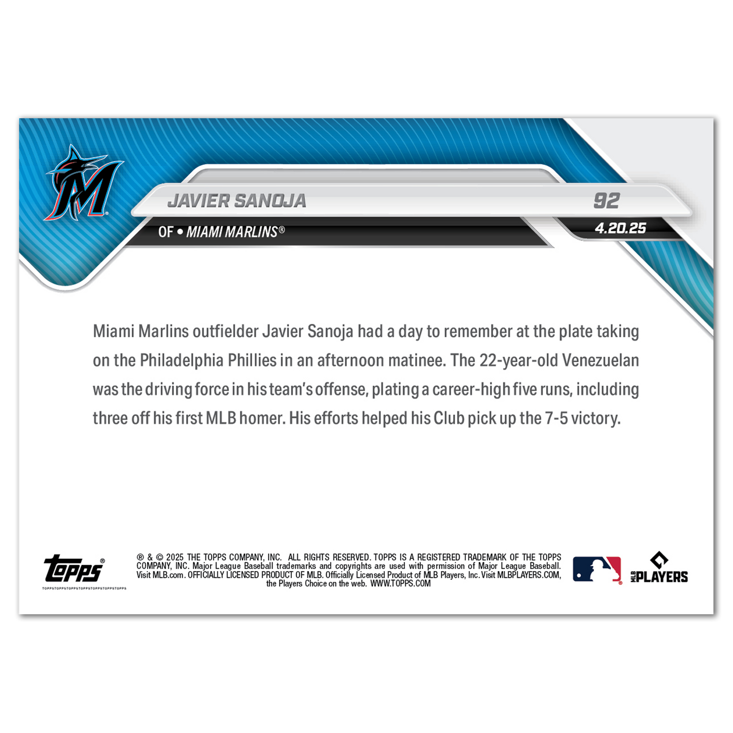 Javier Sanoja - 2025 MLB Topps NOW® - Card 92 - PR: 510