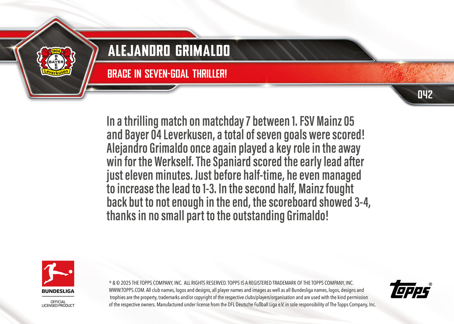 Alejandro Grimaldo - 2025-26 Bundesliga Topps NOW® - Card 42 - PR: 115