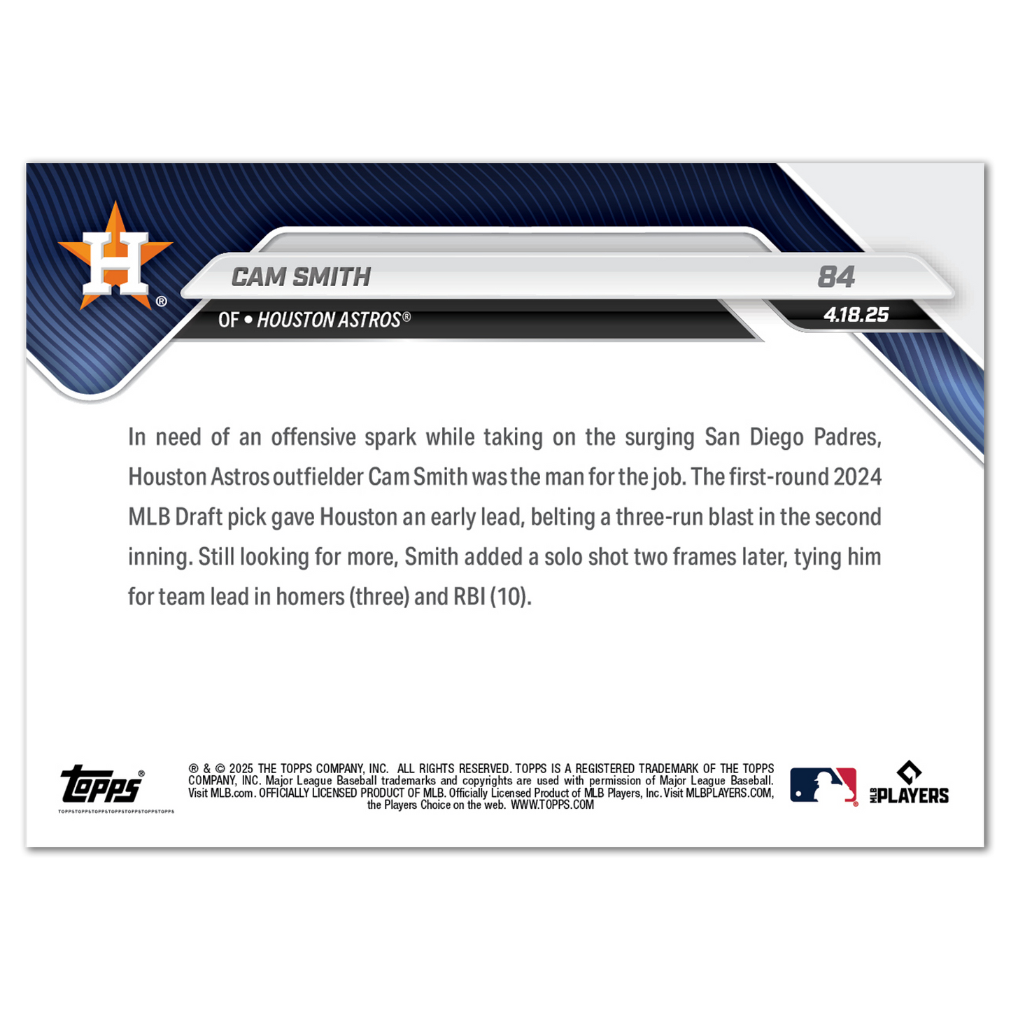 Cam Smith - 2025 MLB Topps NOW® - Card 84 - PR: 1669