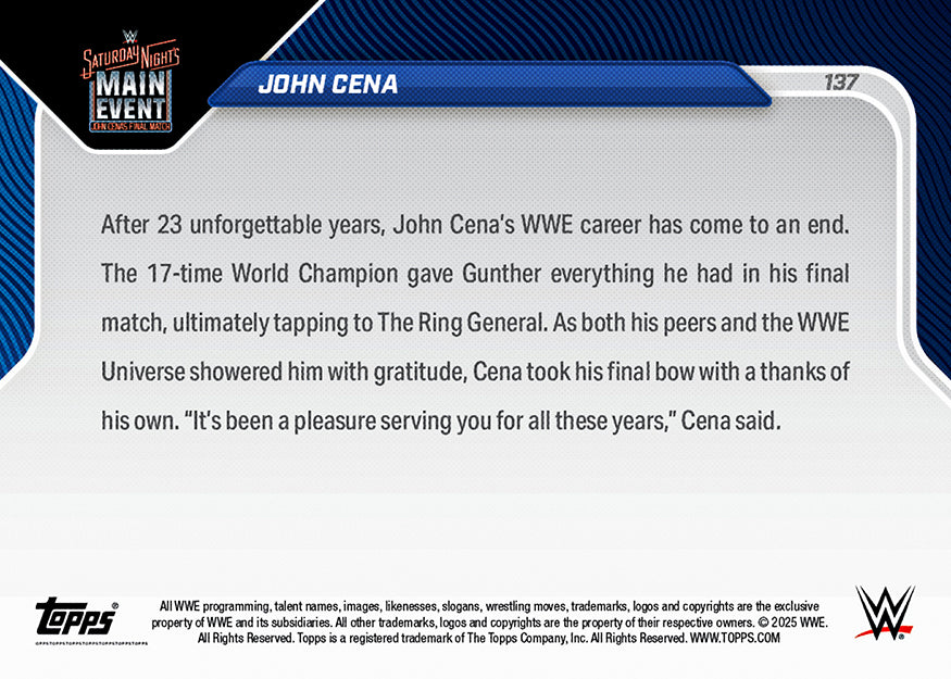 John Cena - 2025 WWE Topps NOW® - Card 137 - PR: 40796