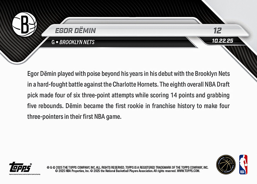 Egor Dëmin - 2025-26 NBA Topps NOW® - Card 12 - PR: 819