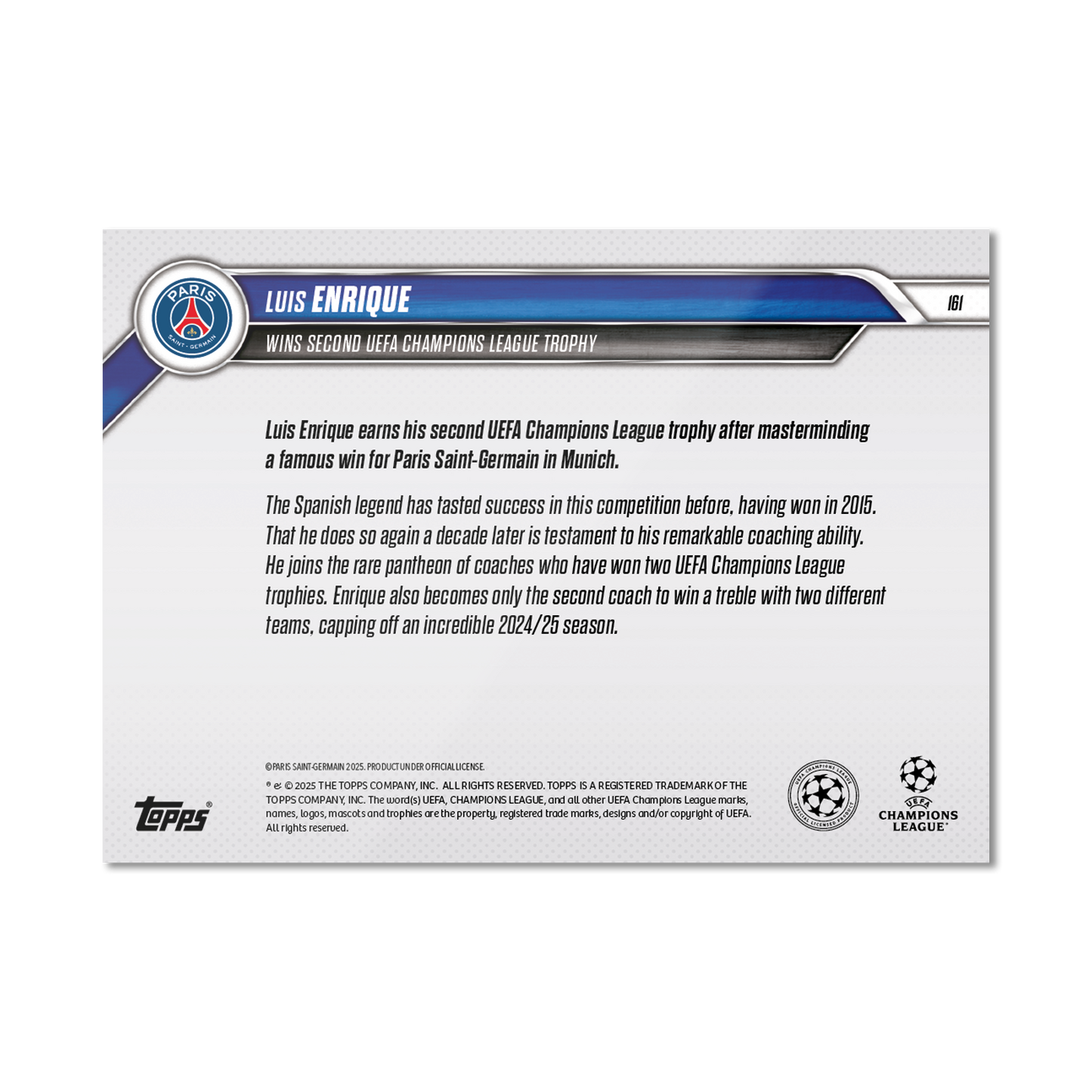 Luis Enrique - 2024-25 UCL Topps NOW® - Card 161 - LOOK FOR AUTO - PR: 1221