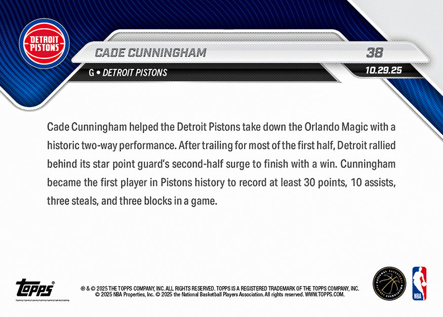 Cade Cunningham - 2025-26 NBA Topps NOW® - Card 38 - PR: 701
