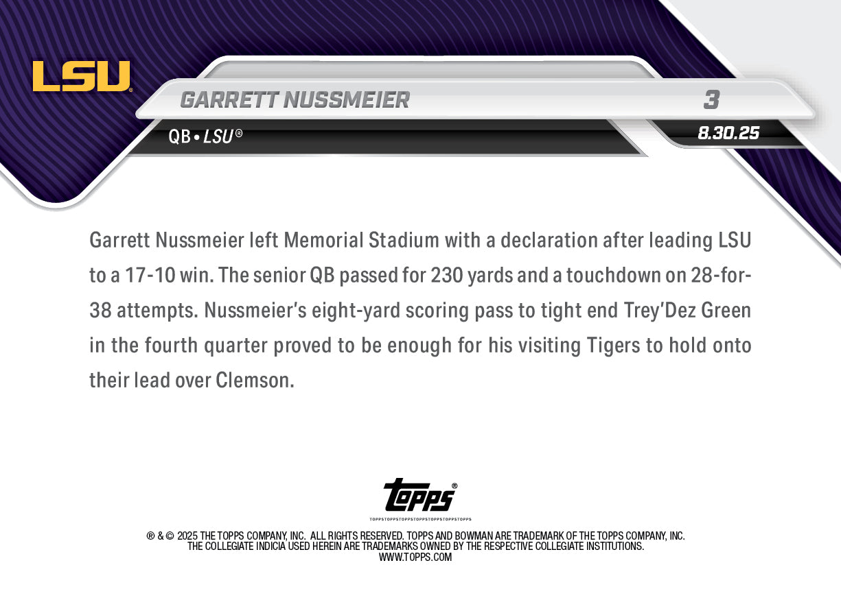 Garrett Nussmeier - 2025-26 Bowman U NOW® Football - Card 3 - LOOK FOR RELICS & AUTO-RELIC - PR: 3021