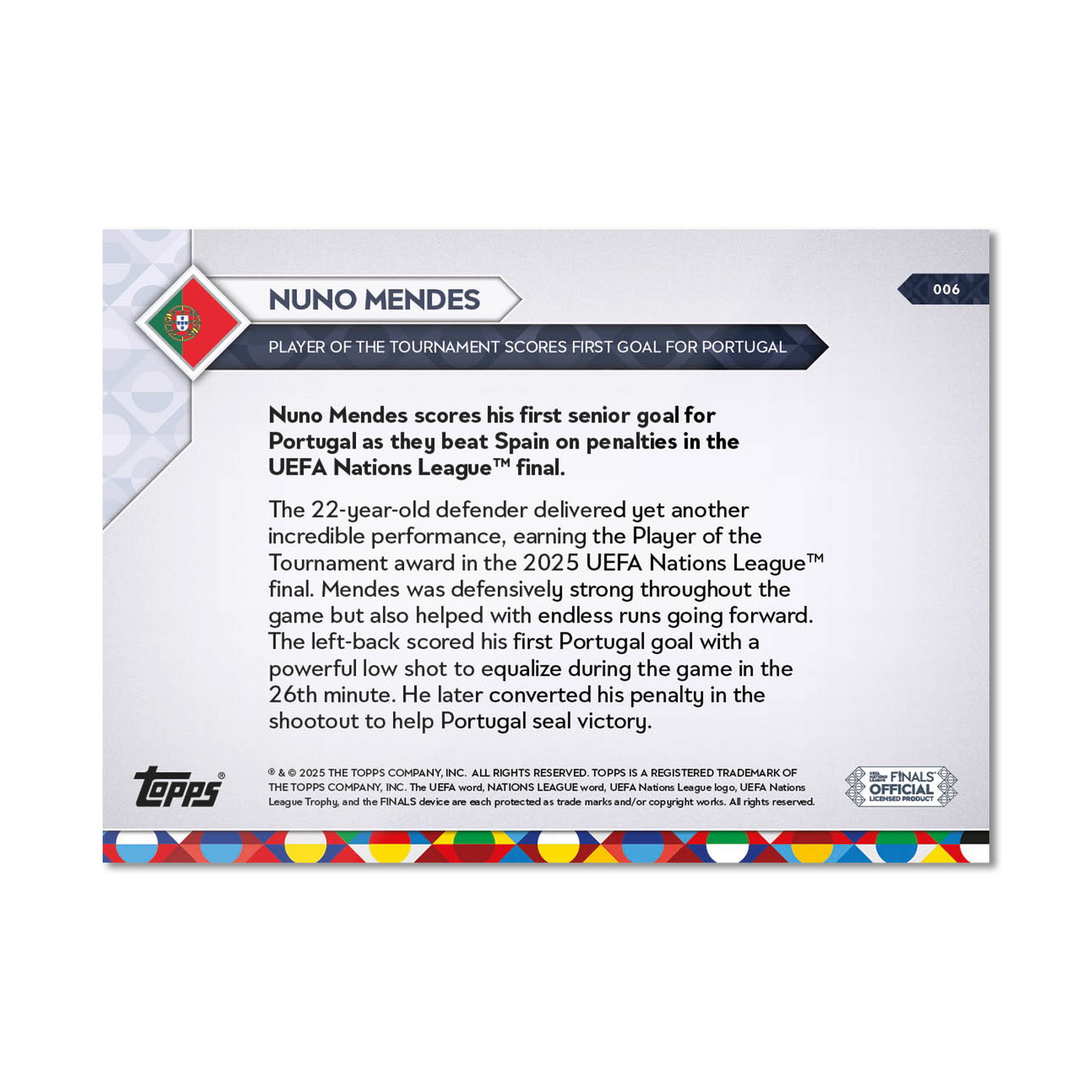 Nuno Mendes - 2025 UEFA Nations League Topps NOW® - Card 6 - PR: 421