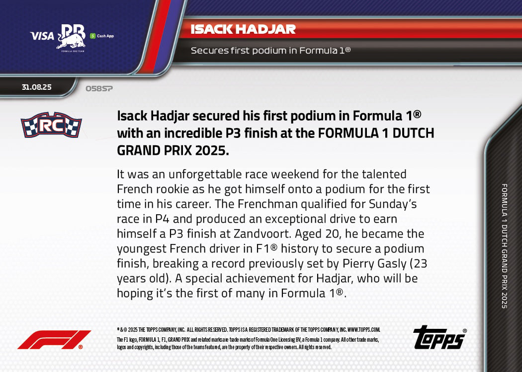 Isack Hadjar - 2025 Formula 1® Topps NOW® - Card 58 - PR: 5891