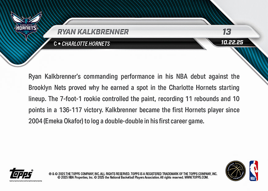 Ryan Kalkbrenner - 2025-26 NBA Topps NOW® - Card 13 - PR: 508