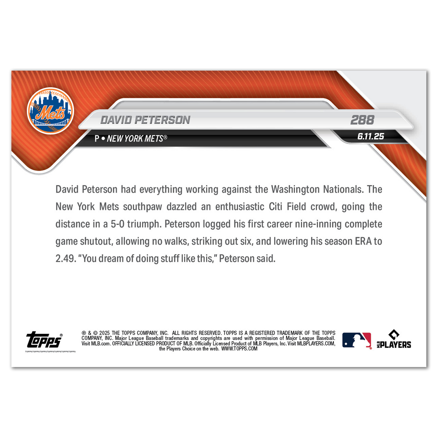 David Peterson - 2025 MLB Topps NOW® - Card 288 - PR: 834