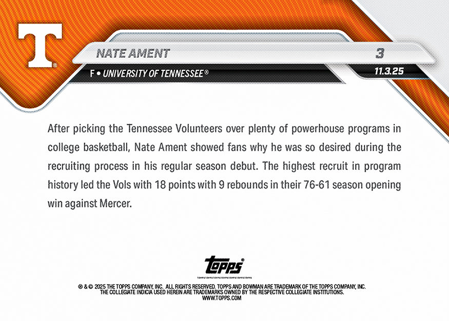 Nate Ament - 2025-26 Bowman U NOW® Basketball - Card 3