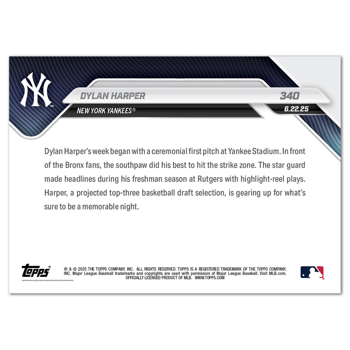 Dylan Harper - 2025 MLB Topps NOW® - Card 340 - PR: 1552