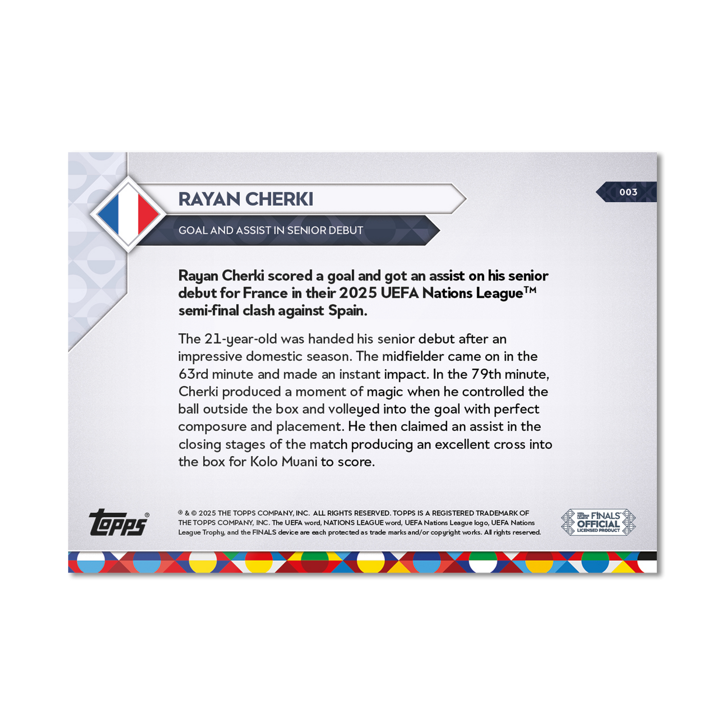 Rayan Cherki - 2025 UEFA Nations League Topps NOW® - Card 3 - PR: 324