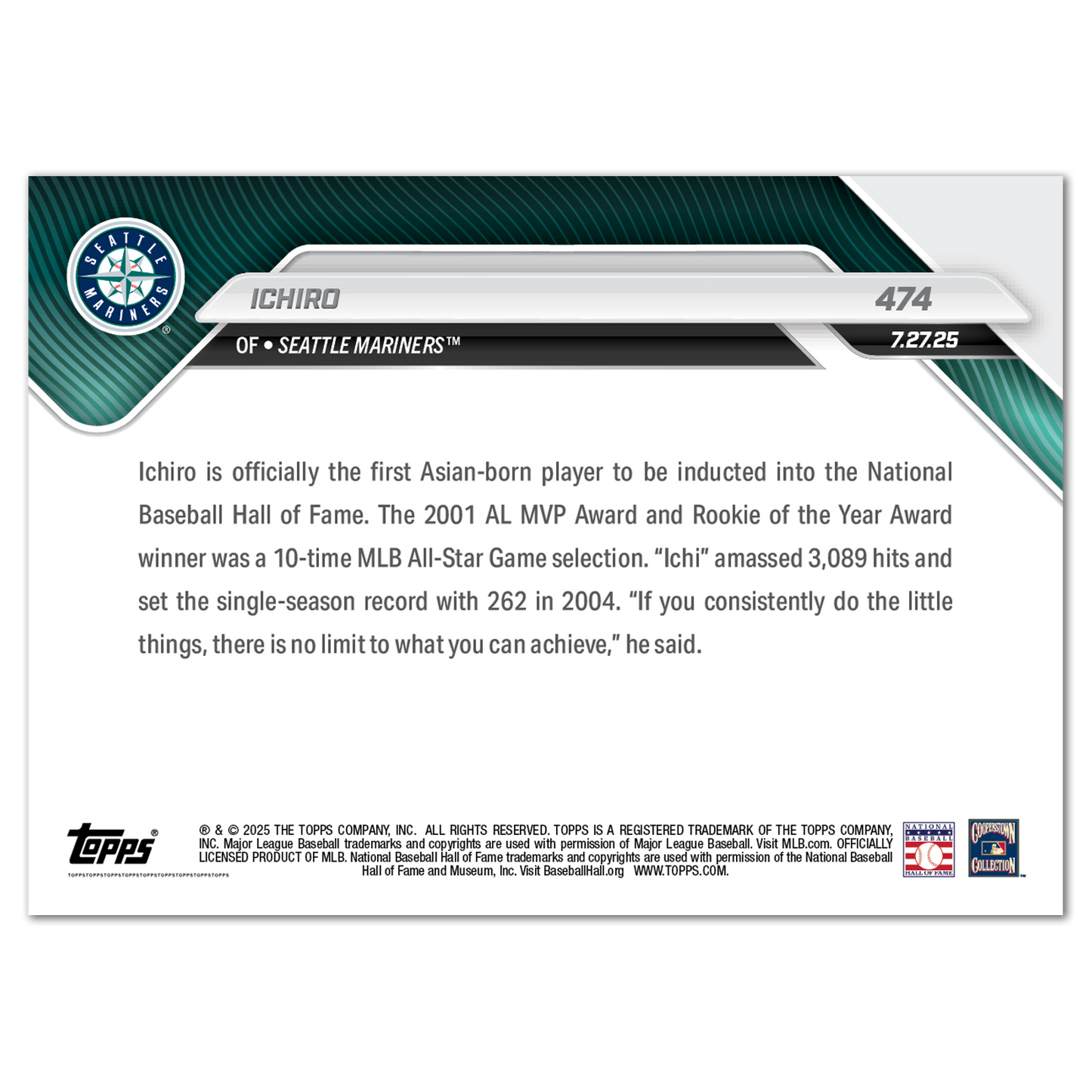 Ichiro - 2025 MLB Topps NOW® - Card 474 - LOOK FOR AUTOS - PR: 11993