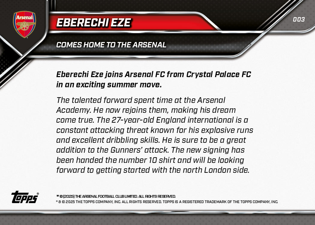 Eberechi Eze - 2025 Arsenal FC Topps NOW® - Card 3 - PR: 1171