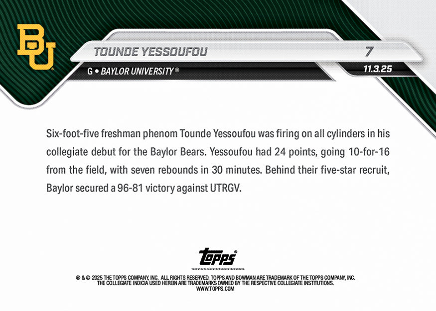 Tounde Yessoufou - 2025-26 Bowman U NOW® Basketball - Card 7
