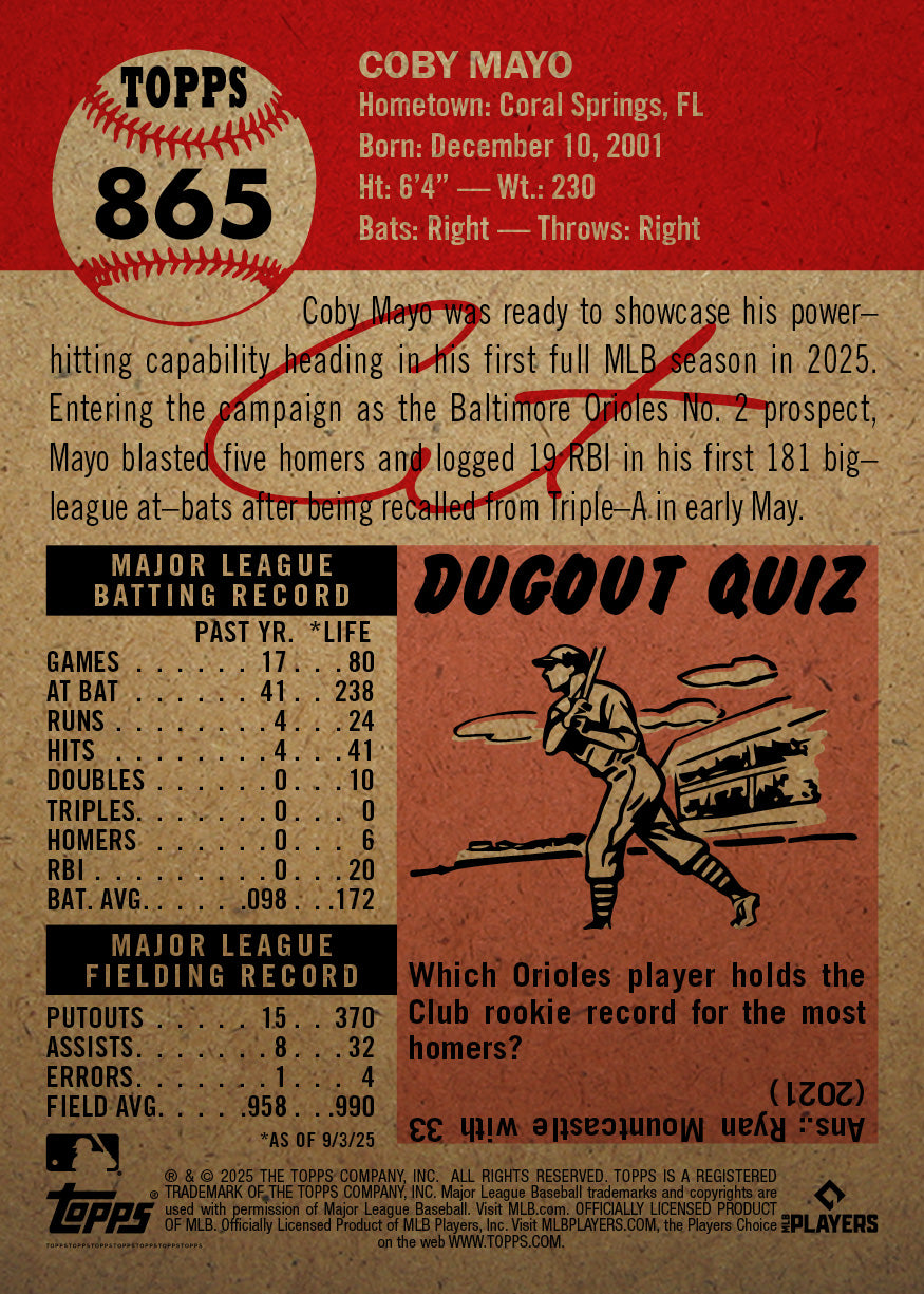 Coby Mayo - 2025 MLB Living Set® - Card 865 - PR: 1608