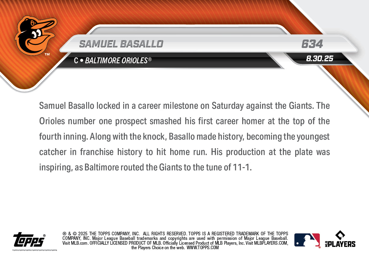 Samuel Basallo - 2025 MLB Topps NOW® - Card 634 - PR: 1656