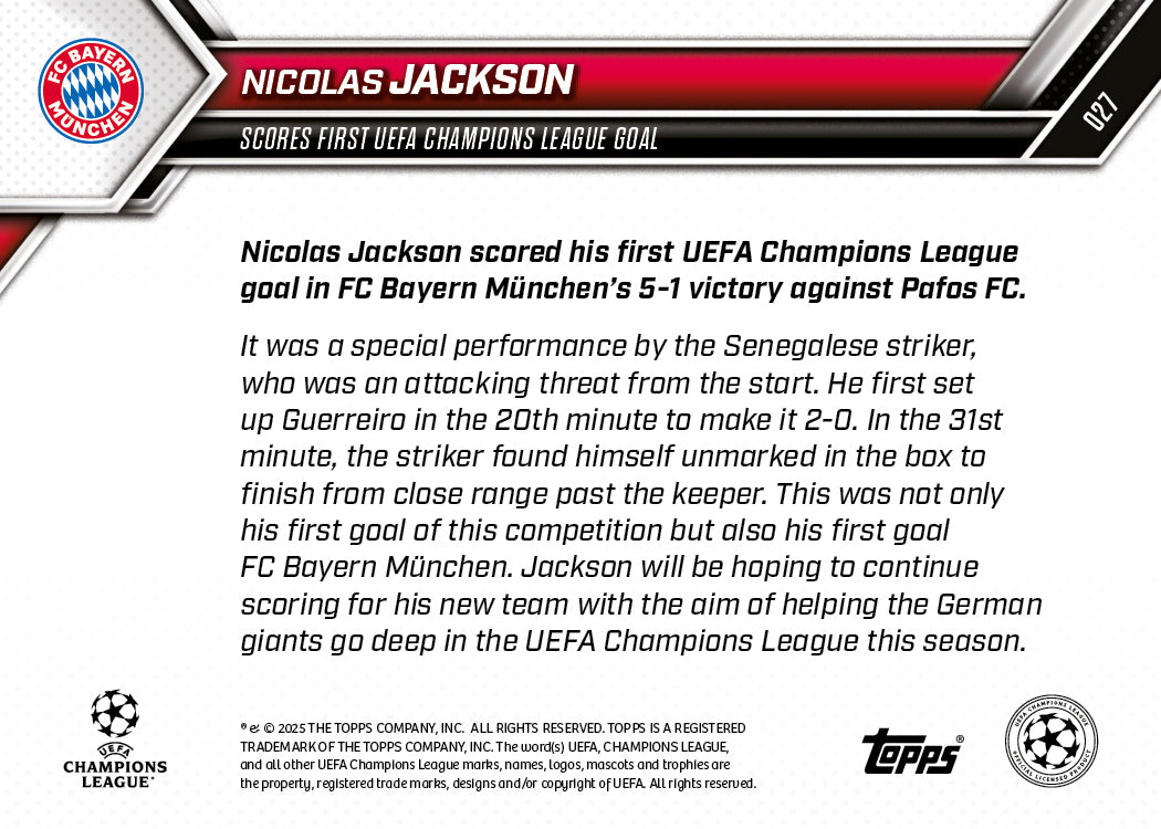 Nicolas Jackson - 2025-26 UCL Topps NOW® - Card 27 - PR: 187