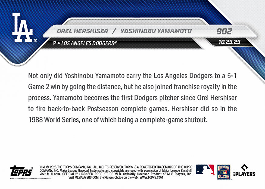 Orel Hershiser/Yoshinobu Yamamoto - 2025 MLB Topps NOW® - Card 902 - PR: 12776