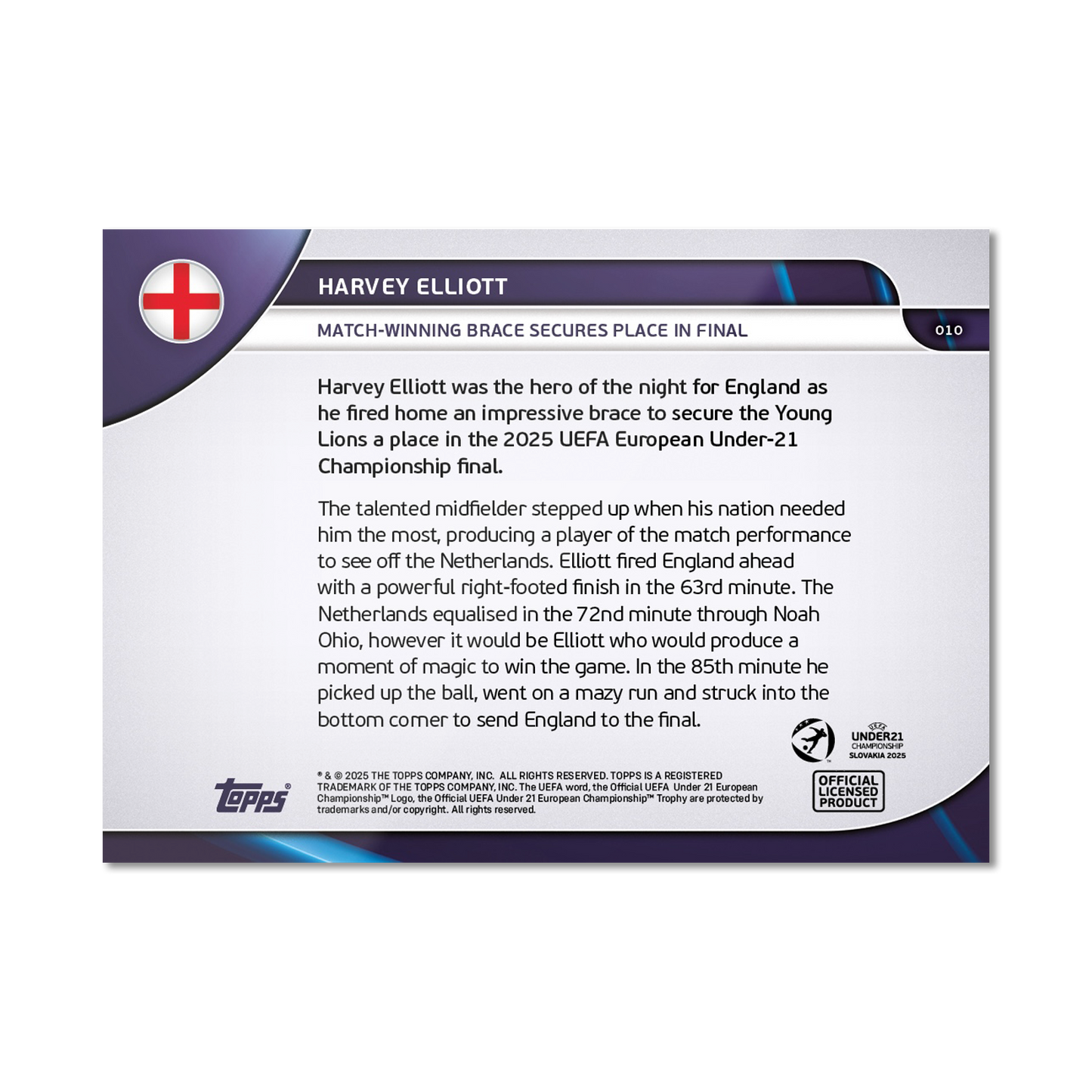 Harvey Elliott - 2025 UEFA Euro U-21 Topps NOW® - Card 10 - PR: 186