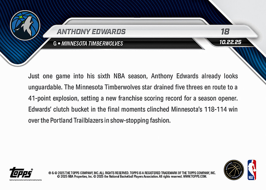 Anthony Edwards - 2025-26 NBA Topps NOW® - Card 18 - PR: 1387