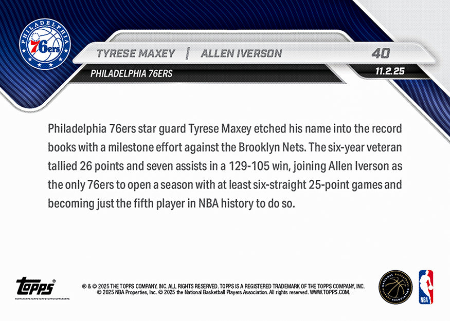 Tyrese Maxey/Allen Iverson - 2025-26 NBA Topps NOW® - Card 40
