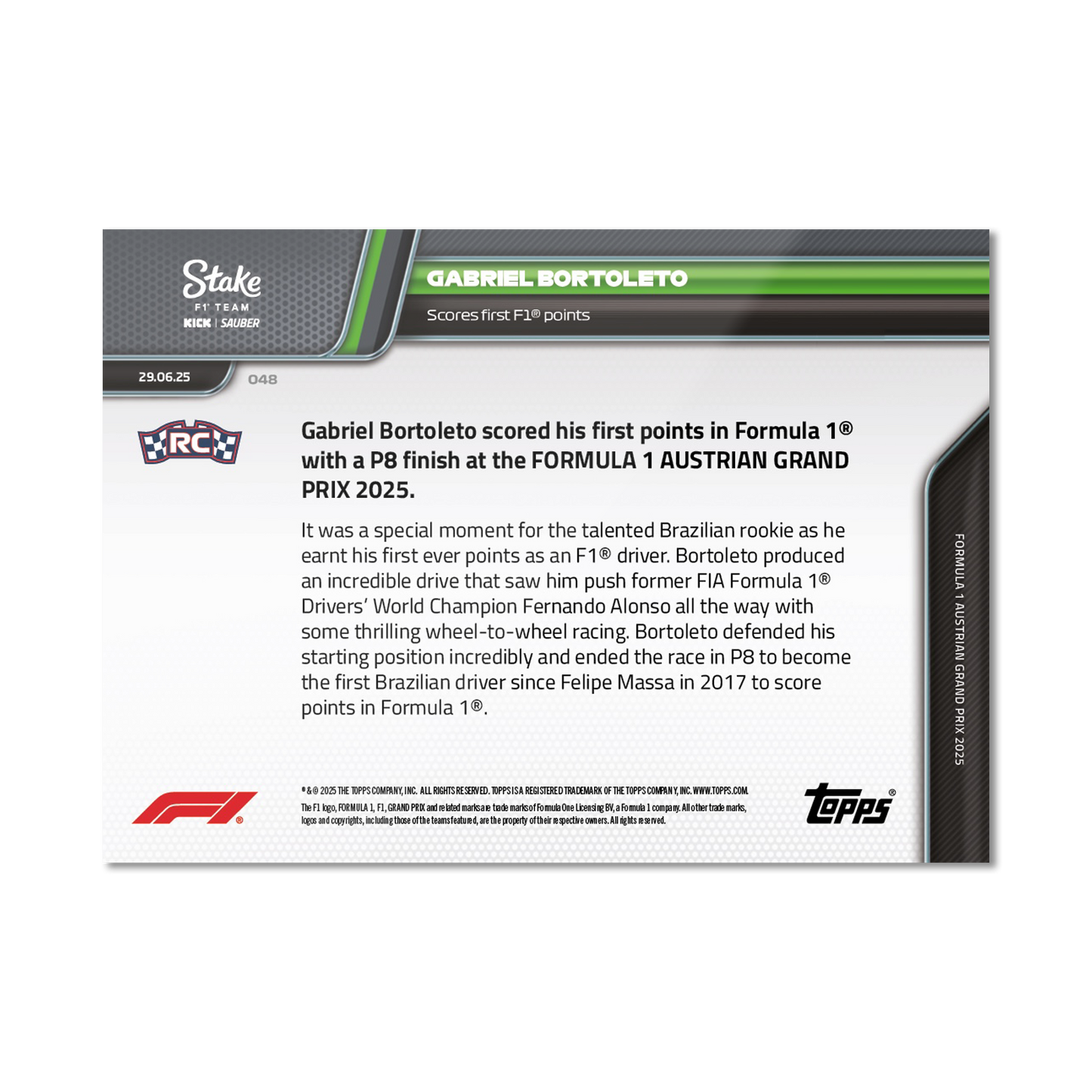 Gabriel Bortoleto - 2025 Formula 1® Topps NOW® - Card 48 - PR: 1006