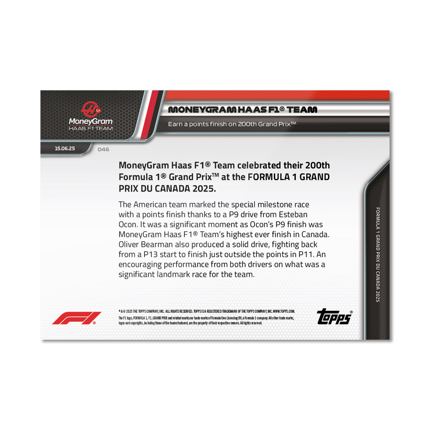 MoneyGram Haas F1® Team - 2025 Formula 1® Topps NOW® - Card 46 - PR: 729