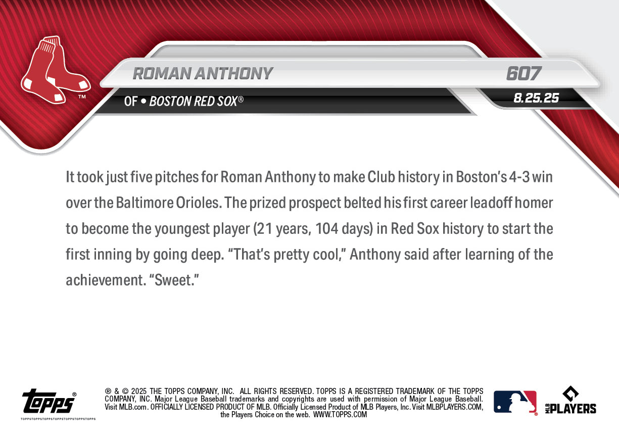 Roman Anthony - 2025 MLB Topps NOW® - Card 607 - PR: 2453