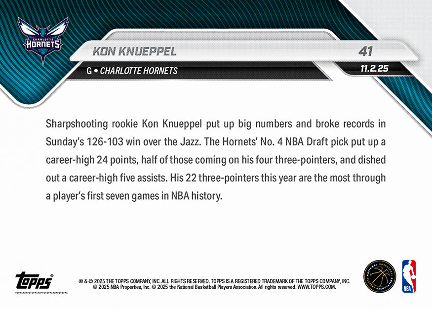Kon Knueppel - 2025-26 NBA Topps NOW® - Card 41 - PR: 898