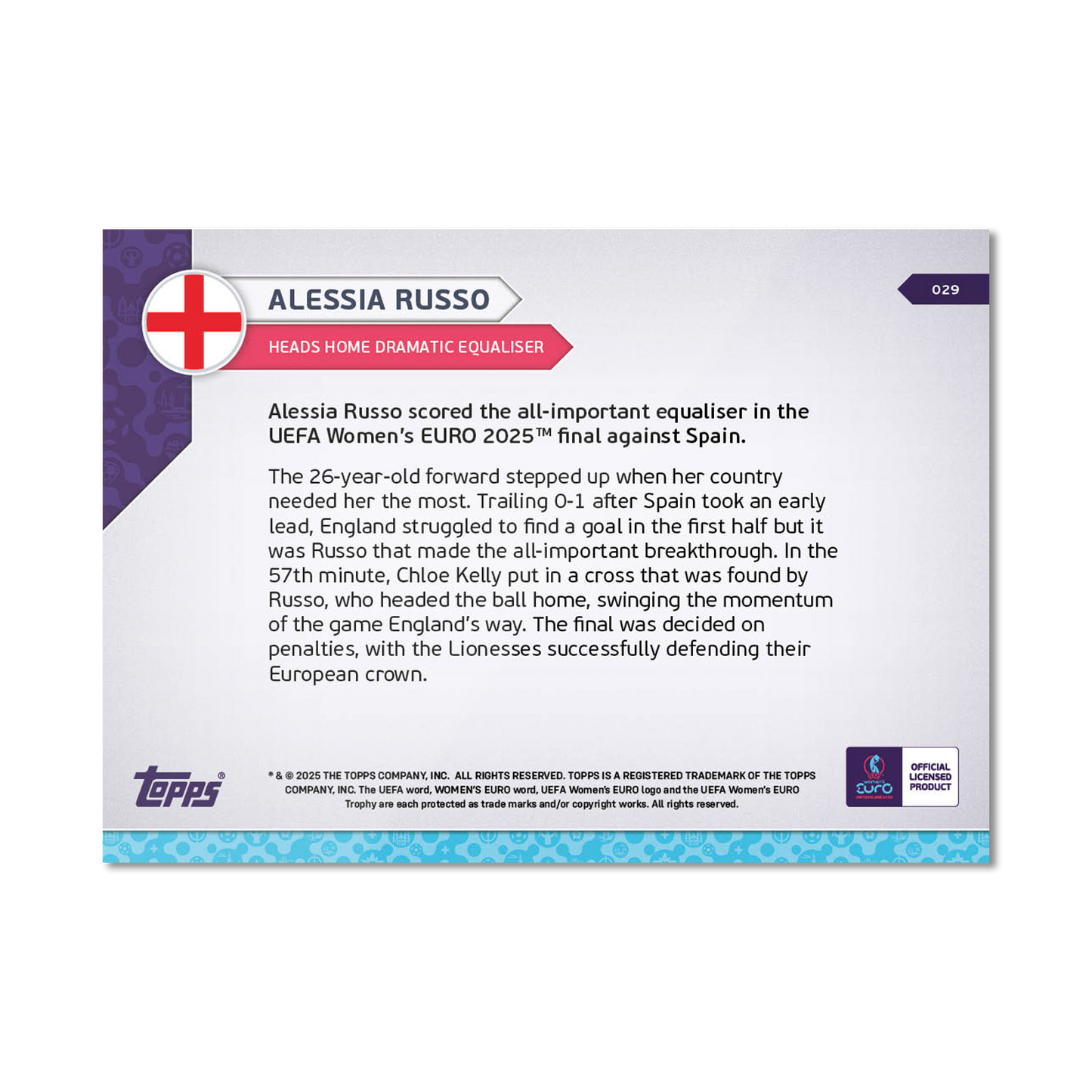 Alessia Russo - UEFA Women’s EURO 2025™ Topps NOW® - Card 29 - LOOK FOR AUTO-RELICS - PR: 800