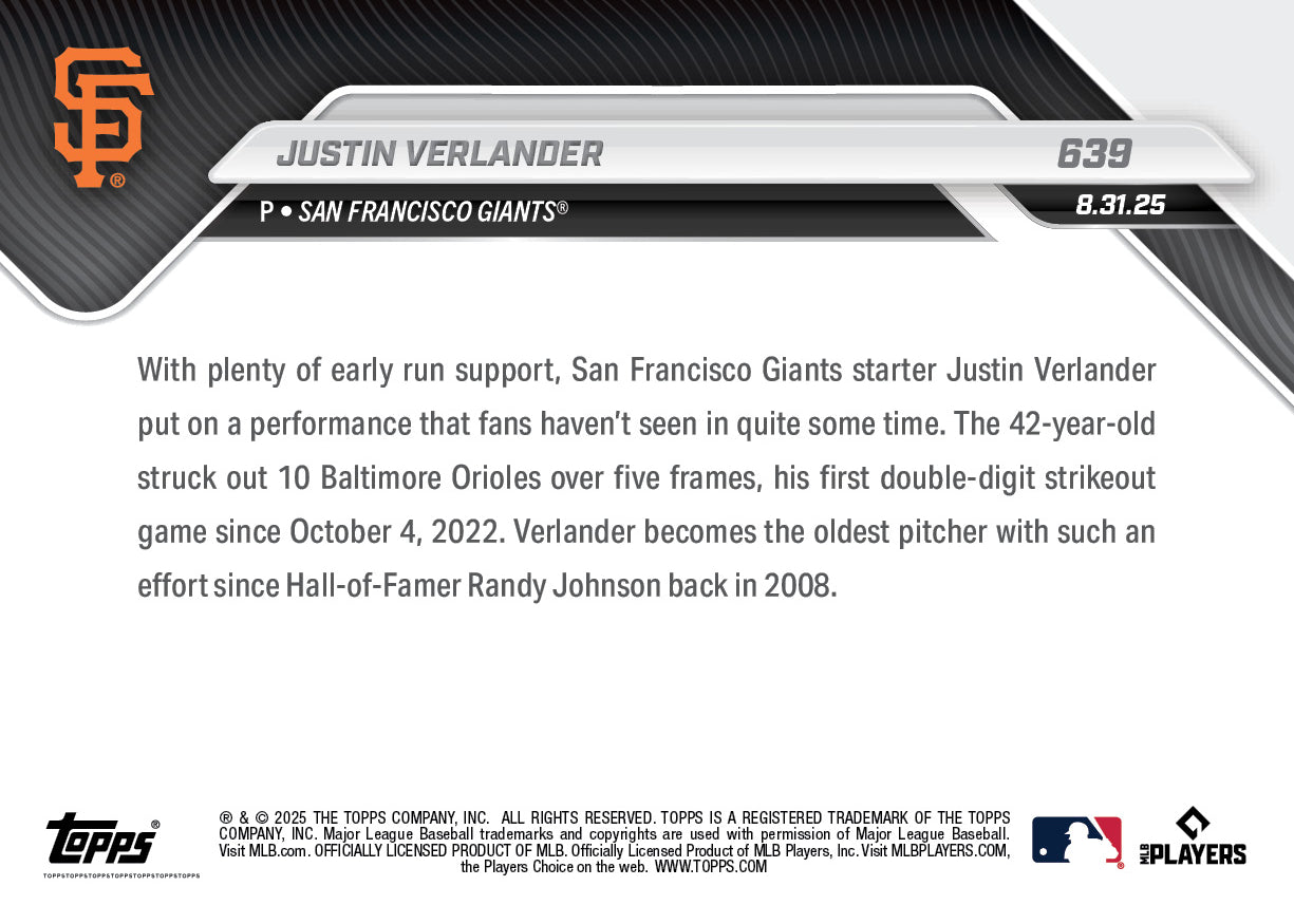 Justin Verlander - 2025 MLB Topps NOW® - Card 639 - PR: 411