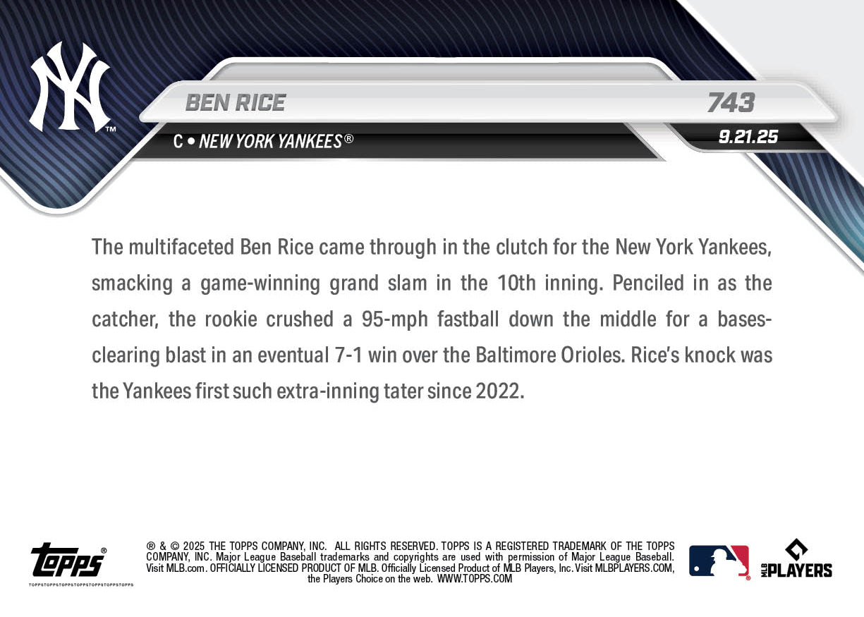 Ben Rice - 2025 MLB Topps NOW® - Card 743 - PR: 1397