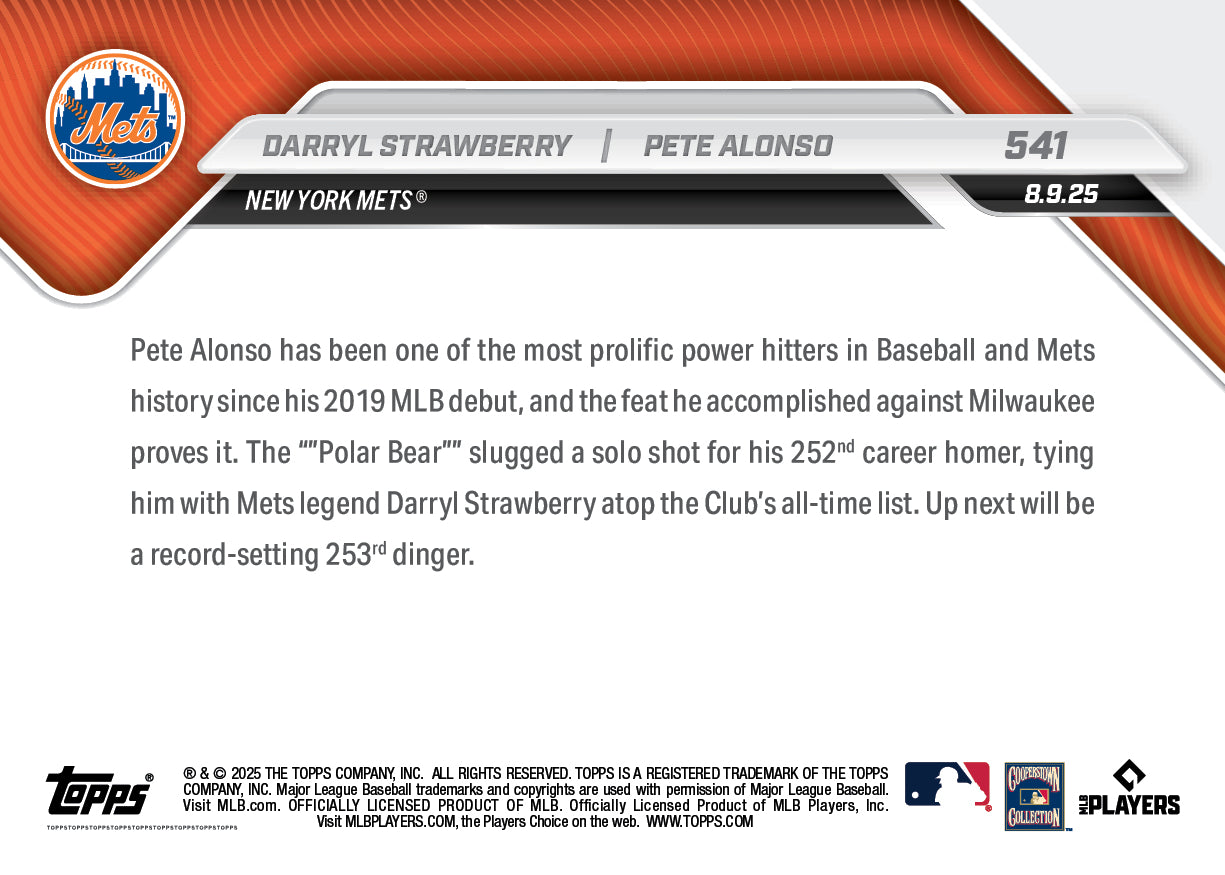 Darryl Strawberry/Pete Alonso - 2025 MLB Topps NOW® - Card 541 - LOOK FOR DUAL-AUTOS - PR: 9564