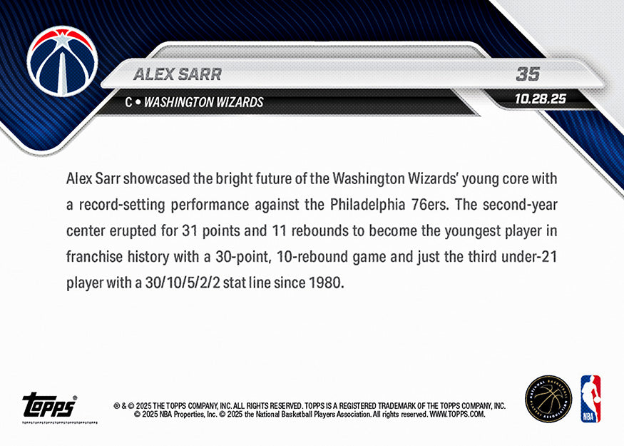 Alex Sarr - 2025-26 NBA Topps NOW® - Card 35 - PR: 418