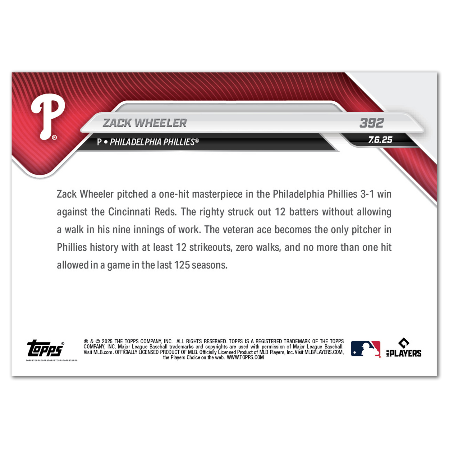 Zack Wheeler - 2025 MLB Topps NOW® - Card 392 - PR: 1157