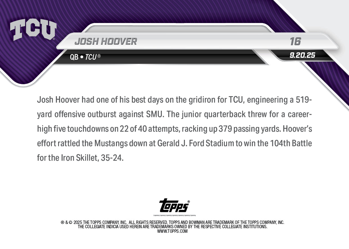 Josh Hoover - 2025-26 Bowman U NOW® Football - Card 16 - LOOK FOR AUTOS - PR: 366